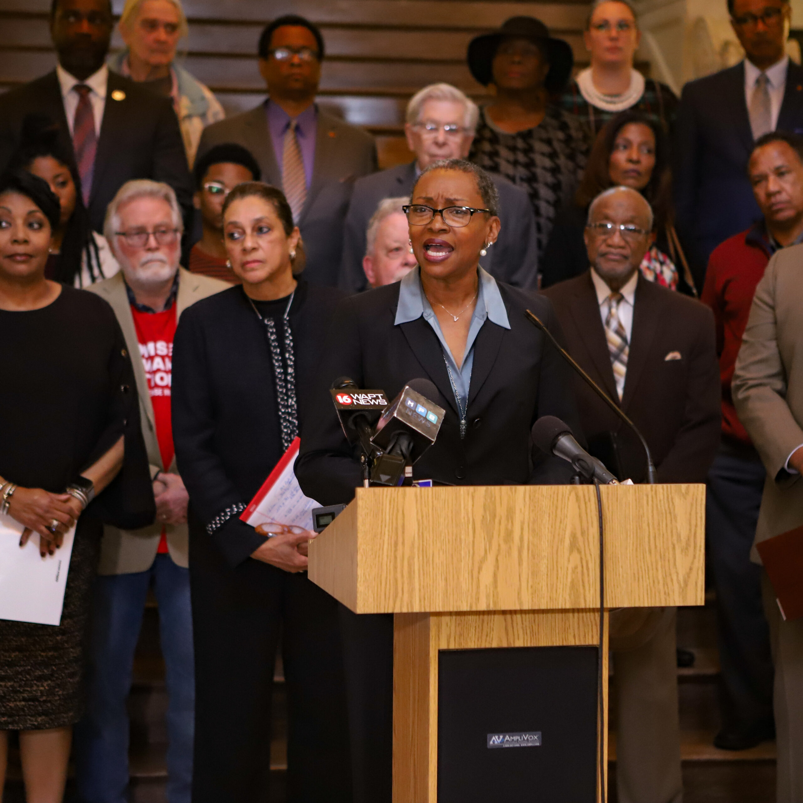 Vangela M. Wade, president and CEO of Mississippi Center for Justice. Here she addresses media and lawmakers