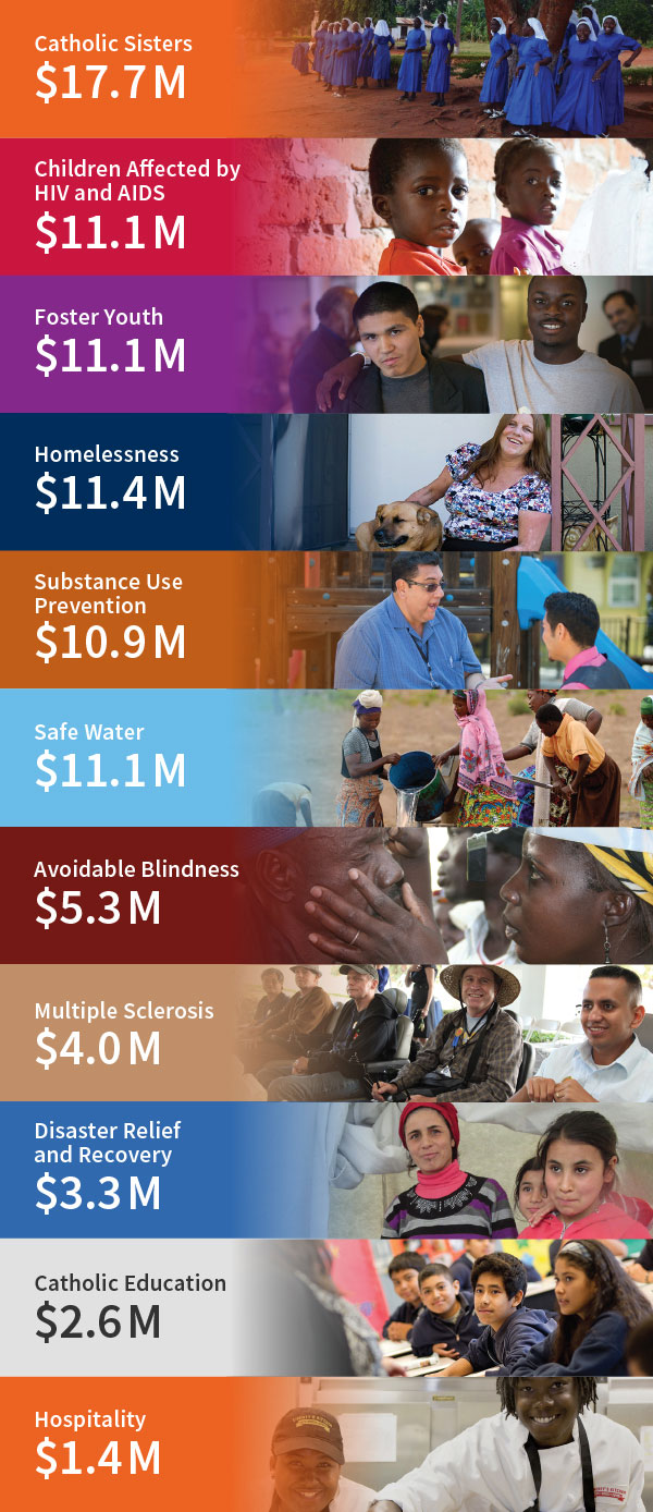 Catholic Sisters $17.7 M, Children Affected by HIV and AIDS $11.1 M, Homelessness $11.4 M, Substance Use Prevention $10.9 M, Avoidable Blindness $5.3 M, Catholic Education $2.6 M, Hospitality $1.4 M,   Multiple Sclerosis $4.0 M